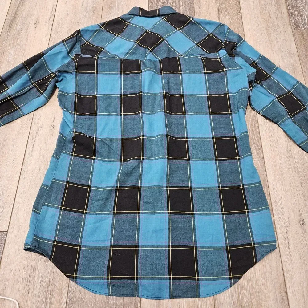 Ely Cattleman Vintage Pearl Snap Western Shirt Plaid Blue Men's Medium